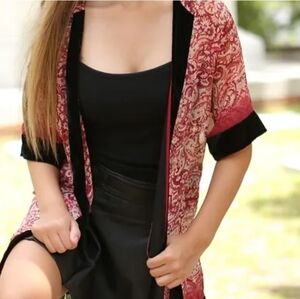 Anthropologie Petticoat Alley Velvet Fringed Kimono Open Front Cardigan Duster